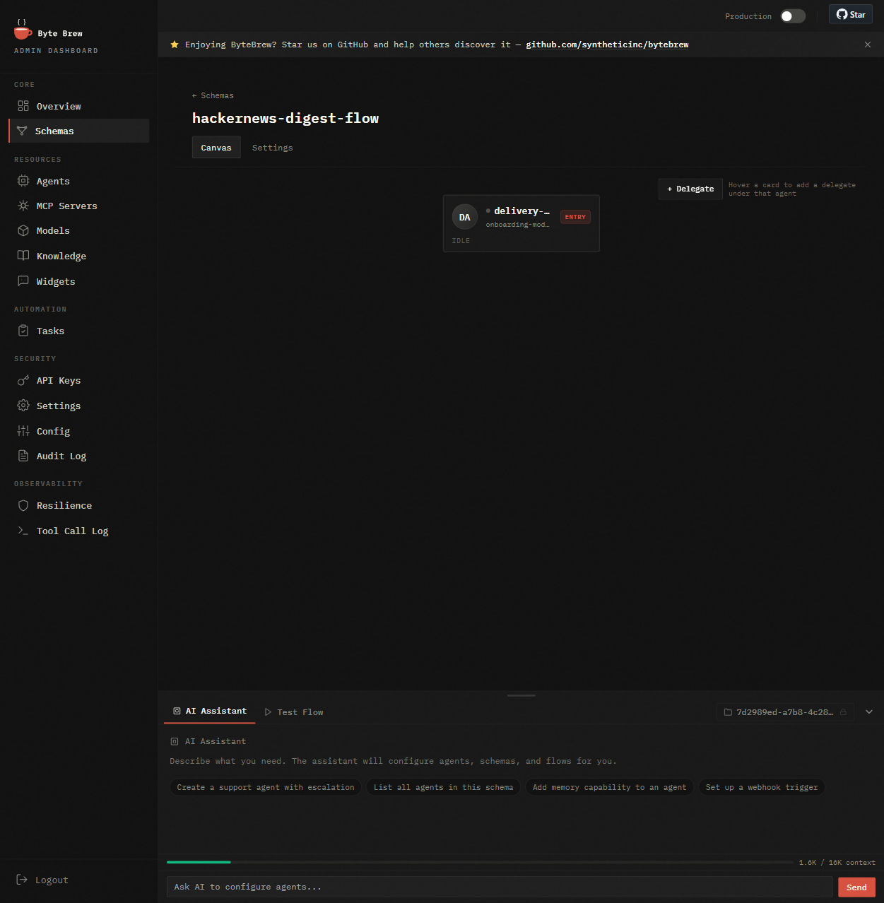 AI Builder assistant panel — describe what you need, agents assemble themselves